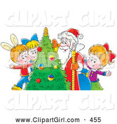 Clip Art of a Group of Smiling Children with Santa Around a Christmas Tree by Alex Bannykh