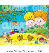 Clip Art of a Group of Three Birds Playing in a Sand Box, a Boy and Girl Watching by Alex Bannykh