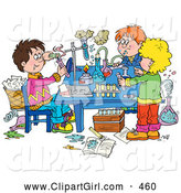 Clip Art of a Group of Three School Children Conducting Science Experiments by Alex Bannykh