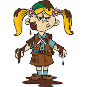 Clip Art of a Grumpy Blond Girl Scout Covered in Mud or Chocolate, a Chocolate Brownie by Dennis Holmes Designs