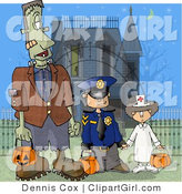 Clip Art of a Halloween Dad Dressed As Frankenstein, with His Kids As a Detective and a Doctor Standing in Front of a Spooky House by Djart