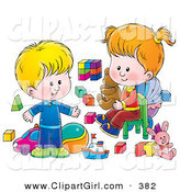 Clip Art of a Happy and Blond Little Boy and His Sister Playing with Toys in a Nursery Room by Alex Bannykh