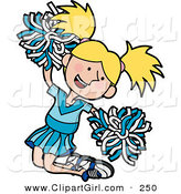 Clip Art of a Happy and Energetic Blond Cheerleader Girl in a Blue Uniform, Jumping with Pom Poms by AtStockIllustration