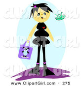 Clip Art of a Happy and Smiling Girl with Black Hair, Carrying a Panda Purse by