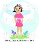 Clip Art of a Happy Angel Girl Standing in Green Grass with Two Birds in Heaven by