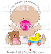 Clip Art of a Happy Baby Girl in a White Bonnet, Pink Checkered Bow and Diaper, Sucking on a Pink Pacifier and Holding Her Arms out While Playing with Toys in a Nursery by Maria Bell
