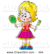 Clip Art of a Happy Blond Girl Holding a Hand Mirror and Comb by Alex Bannykh