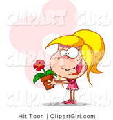 Clip Art of a Happy Blond Girl in Pink with a Flower Pot Containing a Blooming Red Daisy by Hit Toon
