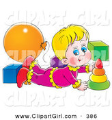 Clip Art of a Happy Blond Girl Laying on Her Belly and Playing with Toys in a Nursery by Alex Bannykh