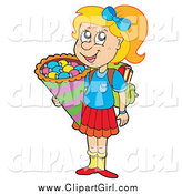 Clip Art of a Happy Blond White Girl on Her Way to School for the First Time by Visekart