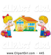 Clip Art of a Happy Boy and Girl Holding Their Bags and Presenting Their School Building by Alex Bannykh