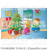 Clip Art of a Happy Boy and Girl Ready to Open Their Christmas Presents on a Winter Day by YUHAIZAN YUNUS