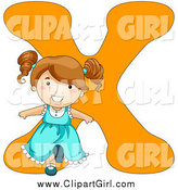 Clip Art of a Happy Brunette Caucasian Girl Leaning Back Against an Orange Letter X by BNP Design Studio