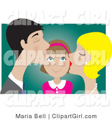 Clip Art of a Happy Brunette Girl Smiling As Her Blond Mother and Dark Haired Father Kiss Her on the Cheek by Maria Bell