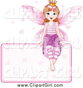 Clip Art of a Happy Fairy Princess Sitting on a Blank Sign with Hearts by Pushkin