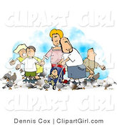 Clip Art of a Happy Family of Six Feeding Pigeons by Djart