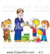 Clip Art of a Happy Father Giving Toys and Gifts to His Children by Alex Bannykh