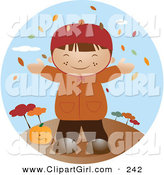 Clip Art of a Happy Little Caucasian Boy Wearing a Coat, Smiling and Holding His Arms out While Autumn Leaves Fall down from the Trees and Standing by a Pumpkin on a Breezy Fall Day by Vitmary Rodriguez