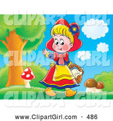 Clip Art of a Happy Little Smiling Girl, Red Riding Hood, Picking Mushrooms near the Forest by Alex Bannykh