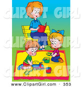 Clip Art of a Happy Mom Reading a Book on a Bench While Her Children Play in a Sand Box at a Park by Alex Bannykh