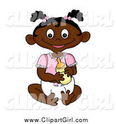 Clip Art of a Happy Sitting Black Baby Girl Holding a Bottle by Pams Clipart