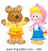 Clip Art of a Happy Smiling Bear in Clothes, Standing by a Little Blond Girl by Alex Bannykh
