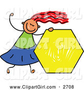 Clip Art of a Happy Stick Girl Holding a Yellow Hexagon by Prawny