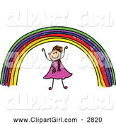 Clip Art of a Happy Stick Girl Under a Rainbow by Prawny