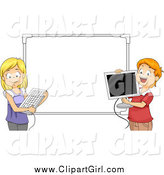 Clip Art of a Happy Students Holding a Computer Keyboard and Monitor Against a White Board by BNP Design Studio