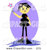 Clip Art of a Happy Tan Girl with Black Hair, Holding up a Magic Wand with a Star by