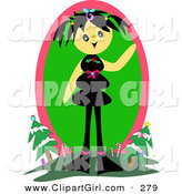Clip Art of a Happy Tan Girl with Black Hair, Standing on a Hill and Waving with Christmas Trees and Candy Canes in the Background by