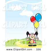 Clip Art of a Happy Young Girl in a Floral Dress, Holding Colorful Balloons and Standing on a Hill by David Rey