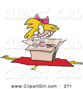 Clip Art of a Hyper Little Blond White Girl Inside an Open Box with Opened Wrapping Paper Underneath by Toonaday