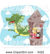 Clip Art of a Knight and Princess in a Tower, Waving to a Dragon by BNP Design Studio