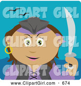 Clip Art of a Latin American Pirate Woman Holding a Sword, on a Teal Background by Dennis Holmes Designs