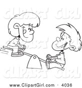 Clip Art of a Lineart Boy and Girl on a Teeter Totter by Toonaday
