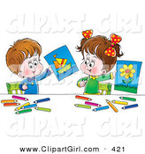 Clip Art of a Little Boy and Girl Holding up Their Drawings of a Flower and Boat, on White by Alex Bannykh