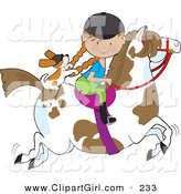 Clip Art of a Little Caucasian Girl Riding a Painted Pony with a Cavalier King Charles Spaniel Sitting Behind Her, Holding on to Her Braids by Maria Bell