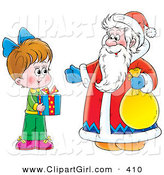 Clip Art of a Little Girl Holding a Gift While Standing with Santa by Alex Bannykh