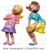 Clip Art of a Mother and Daughter or Older and Younger Sister Laughing at Something Funny by