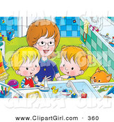 Clip Art of a Mother Bending down to Help Her Children, a Boy and Girl, Clean Themselves up in a Bathroom by Alex Bannykh