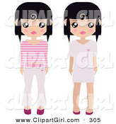 Clip Art of a Pair of Black Haired Female Paper Dolls Pink and White Shoes, Dresses, Pants and Shirts by Melisende Vector