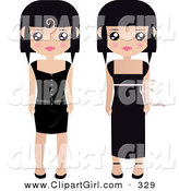 Clip Art of a Pair of Black Haired Female Paper Formal and Casual Black Dresses, One Long and One Short by Melisende Vector