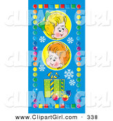 Clip Art of a Pair of Happy Children with a Gift and Ornaments, on a Blue Background with Snowflakes, Bordered by Colorful Squares and Circles by Alex Bannykh