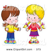 Clip Art of a Pair of Little Girls Standing Together and Talking by Alex Bannykh