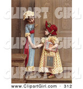 Clip Art of a Pair of Little Sisters at a Doorway, Smiling and Holding Hands, Circa 1880 by OldPixels