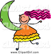 Clip Art of a Pink Haired Girl Carrying a Crescent Moon by Prawny