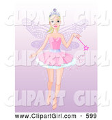 Clip Art of a Pretty and Friendly Fairy Princess Flying with a Magic Wand, on a Gradient Purple Background by Pushkin