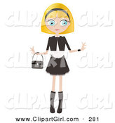 Clip Art of a Pretty Blond Haired, Blue Eyed Caucasian Woman Dressed in Black and White, Standing with Her Arms out and a Purse Draped on Her Wrist by Melisende Vector
