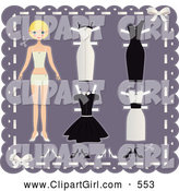 Clip Art of a Pretty Blond Teenage Girl Paper Doll on a Purple Background with Cutout Dresses and Shoes by Melisende Vector